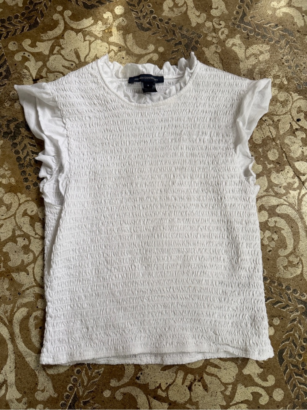 French Connection White Smocked Ruffle Sleeve Top -Sz M
